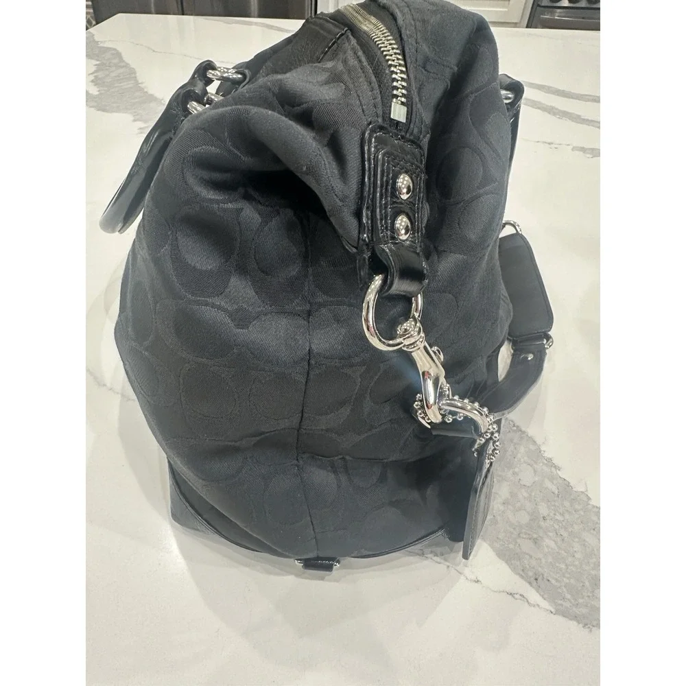 Coach Black Signature Jacquard Satchel Shoulder Crossbody Bag Patent Leather EUC